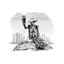 Skeleton with cowboy clothes and cowboy hat resting on a tree drinking a bottle of bourbon  tattoo design idea