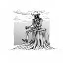 Skeleton with cowboy clothes and cowboy hat resting on a tree drinking a bottle of bourbon  tattoo design idea