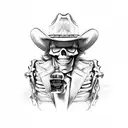 Skeleton with cowboy clothes and cowboy hat resting on a tree drinking a bottle of bourbon  tattoo design idea
