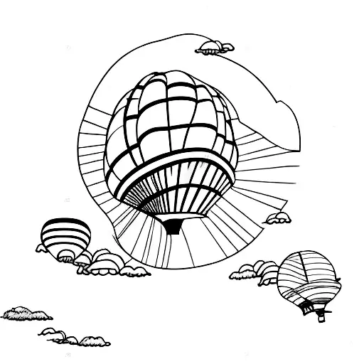 A hot air balloon floating in a blue sky with wolves running below tattoo design idea