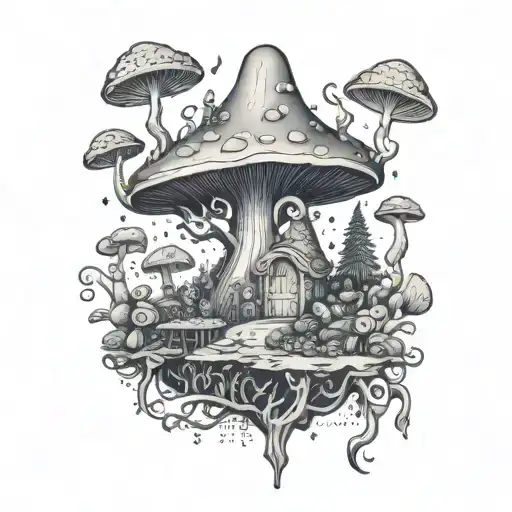 A whimsical Alice in Wonderland themed tattoo with Plank from Ed, Edd & Eddy exploring a psychedelic mushroom forest, blending fantasy and cartoon elements tattoo design idea