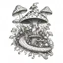 A whimsical Alice in Wonderland themed tattoo with Plank from Ed, Edd & Eddy exploring a psychedelic mushroom forest, blending fantasy and cartoon elements tattoo design idea