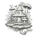 A whimsical Alice in Wonderland themed tattoo with Plank from Ed, Edd & Eddy exploring a psychedelic mushroom forest, blending fantasy and cartoon elements tattoo design idea