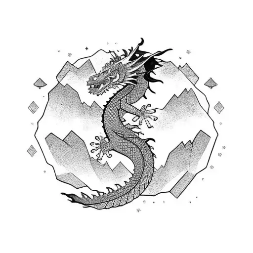Dragon holding a crystal, while standing on the edge of a mountain  tattoo design idea
