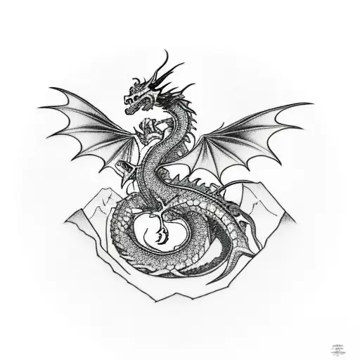 Dragon holding a crystal, while standing on the edge of a mountain  tattoo design idea