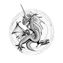 Dragon holding a crystal, while standing on the edge of a mountain  tattoo design idea