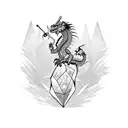 Dragon holding a crystal, while standing on the edge of a mountain  tattoo design idea