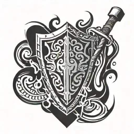 a large hammer behind a shield that's on fire tattoo design idea