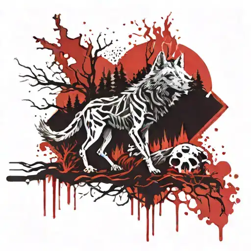 Dead forest, skeleton, wolves, Fire, Mountains, scary  tattoo design idea