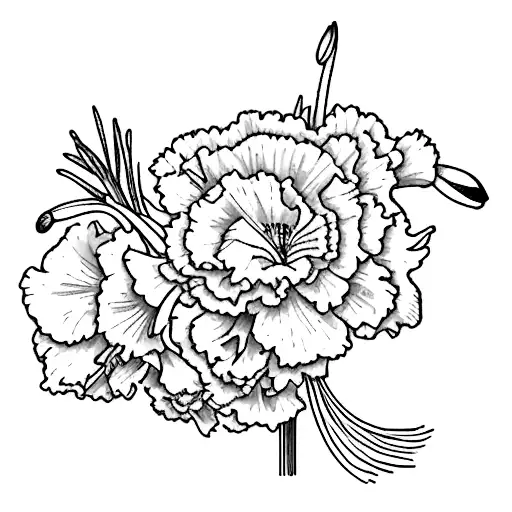 carnation and snowdrop, violet and iris, aster and morning glory. Birth flowers bouquet  tattoo design idea