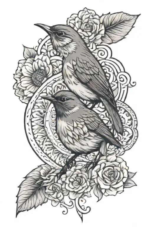 Robin, flowers, mandala, mom and baby face in a heart tattoo design idea