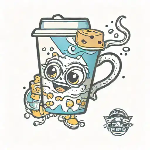 a cute takeout coffee cup with large sparkly eyes and a joyous expression. full colour, adorable tattoo design idea