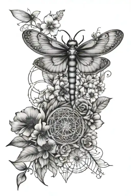 sacred dragonfly with the 7 chakras embedded within it, and a background of flower of life and mushrooms. tattoo design idea