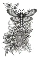 sacred dragonfly with the 7 chakras embedded within it, and a background of flower of life and mushrooms. tattoo design idea