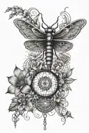 sacred dragonfly with the 7 chakras embedded within it, and a background of flower of life and mushrooms. tattoo design idea