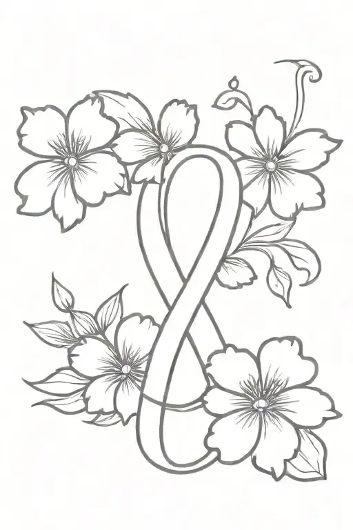 fine line tattoo of violet flowers and marigold flowers in a shape of a cancer ribbon tattoo design idea