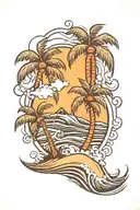 palm trees and waves tattoo design idea