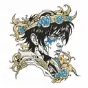 boy with black hair and blue eyes bleeding gold tattoo design idea