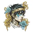 boy with black hair and blue eyes bleeding gold tattoo design idea