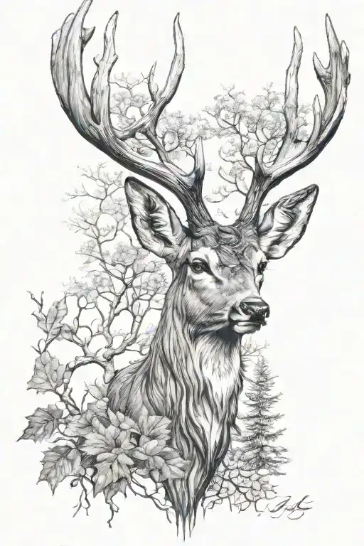 deer head with trees tattoo design idea