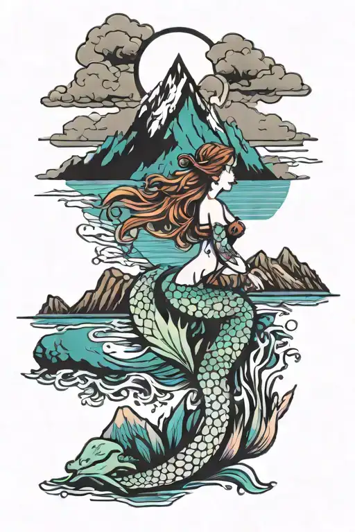 mountains and ocean and mermaid tattoo design idea