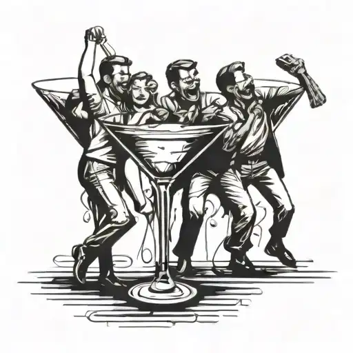 A martini glass with friends laughing and dancing around it tattoo design idea