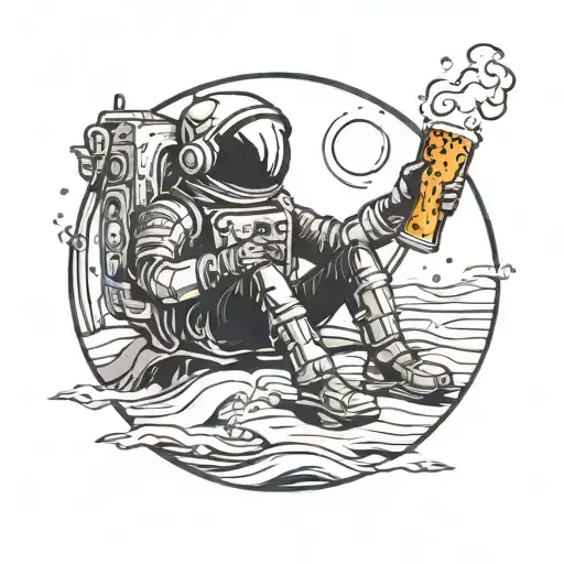 spaceman drinking a beer on a beach gothic, tribal fine line tattoo design idea