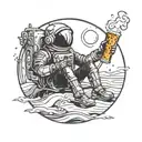 spaceman drinking a beer on a beach gothic, tribal fine line tattoo design idea