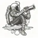 spaceman drinking a beer on a beach gothic, tribal fine line tattoo design idea
