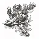 spaceman drinking a beer on a beach gothic, tribal fine line tattoo design idea