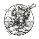 spaceman drinking a beer on a beach gothic, tribal fine line tattoo design idea
