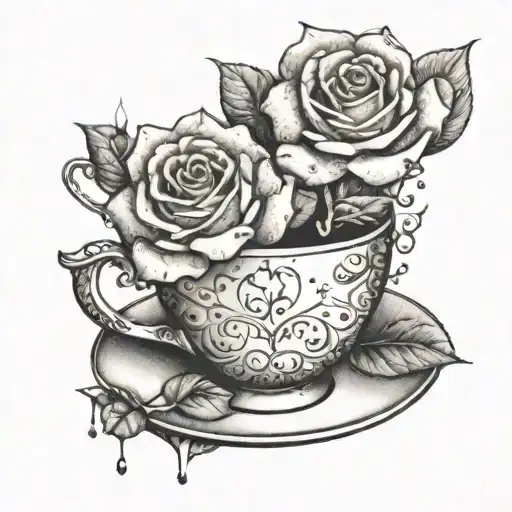 A whimsical design of a rose blooming out of a coffee cup, with delicate porcelain teacups and flickering candles in the background tattoo design idea