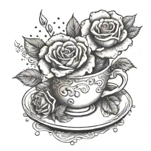 A whimsical design of a rose blooming out of a coffee cup, with delicate porcelain teacups and flickering candles in the background tattoo design idea