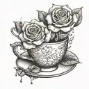 A whimsical design of a rose blooming out of a coffee cup, with delicate porcelain teacups and flickering candles in the background tattoo design idea