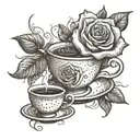 A whimsical design of a rose blooming out of a coffee cup, with delicate porcelain teacups and flickering candles in the background tattoo design idea