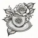 A whimsical design of a rose blooming out of a coffee cup, with delicate porcelain teacups and flickering candles in the background tattoo design idea