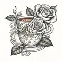 A whimsical design of a rose blooming out of a coffee cup, with delicate porcelain teacups and flickering candles in the background tattoo design idea