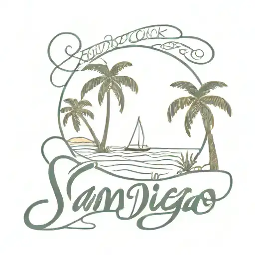San Diego written out in cursive, with the beach and palm trees around it and with a surfboard in there. tattoo design idea