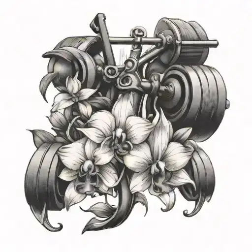A black-grey tattoo of weightlifting equipment intertwined with orchid flowers, symbolizing strength and beauty tattoo design idea