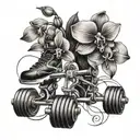 A black-grey tattoo of weightlifting equipment intertwined with orchid flowers, symbolizing strength and beauty tattoo design idea