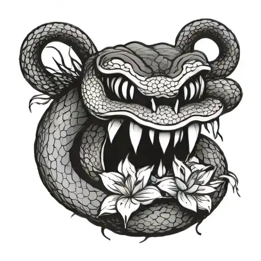 snake hatred vengeful smile surrounded by lotus tattoo design idea