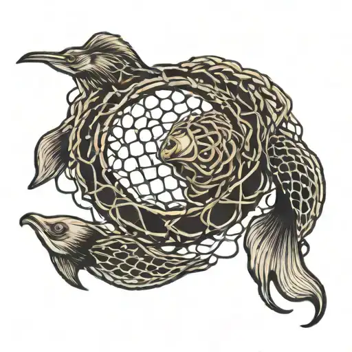 fishing net intertwined tattoo design idea