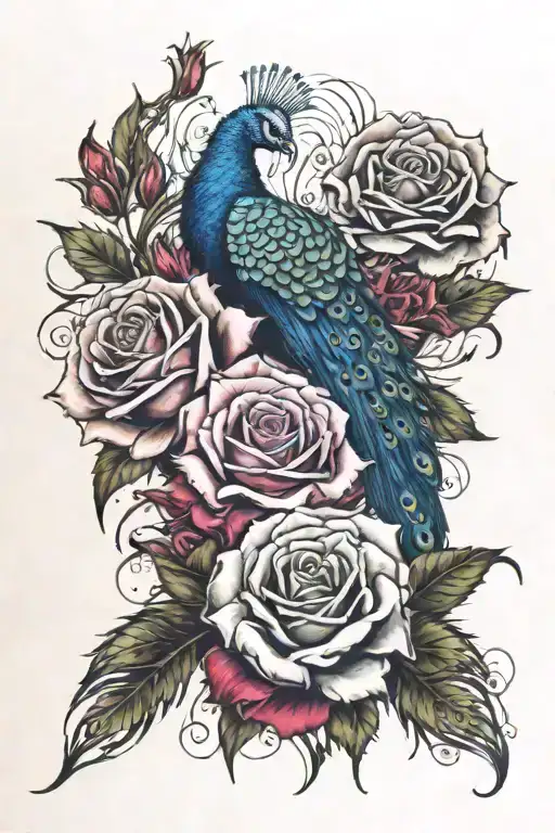 colorful bleeding thorny roses intertwined with peacock  tattoo design idea