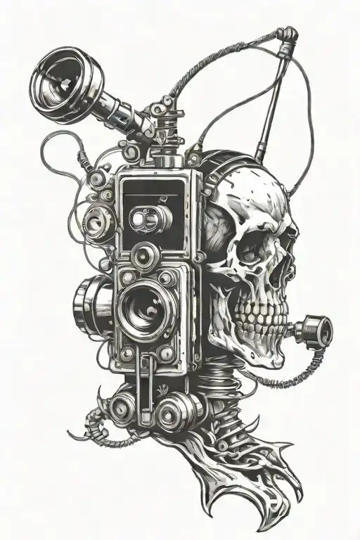 camera, Film bobbin, skull and headphone tattoo design idea