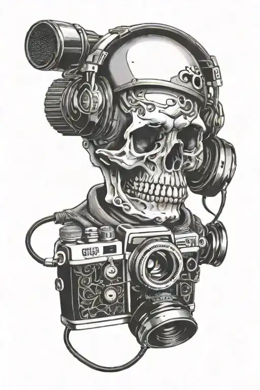 camera, Film bobbin, skull and headphone tattoo design idea