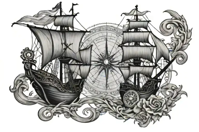 kraken, pirate ship, compass rose tattoo design idea