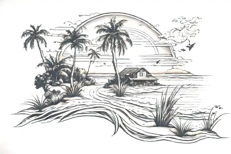 beach sunset landscape tattoo design idea