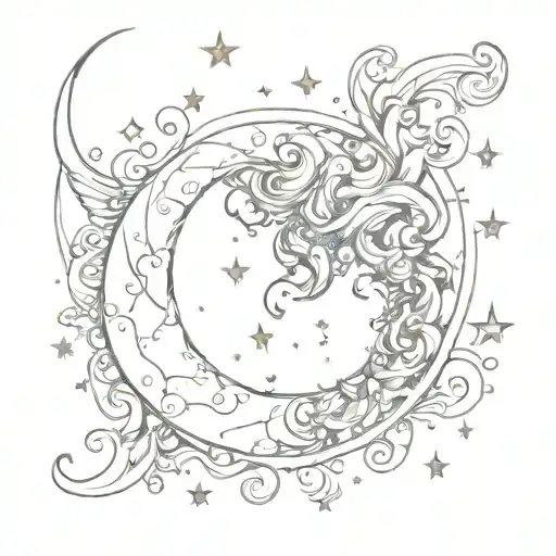 a crescent moon elongated with curls and mist and stars and tattoo design idea