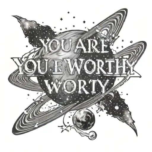 the words "you are worthy" next to an image of a galaxy with everything on one line tattoo design idea
