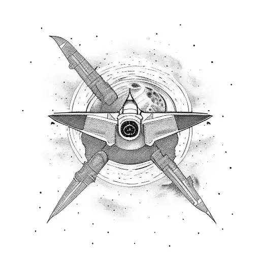 A blackwork tattoo of a spaceship flying through a galaxy tattoo design idea